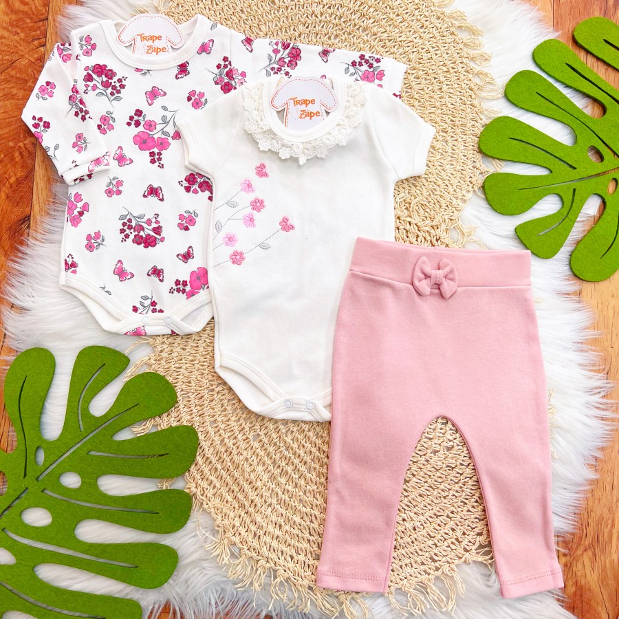  CONJ. DE MALHA 3 PEÇAS - Flores Bordadas e Gola Gripyr - Off White e Rose